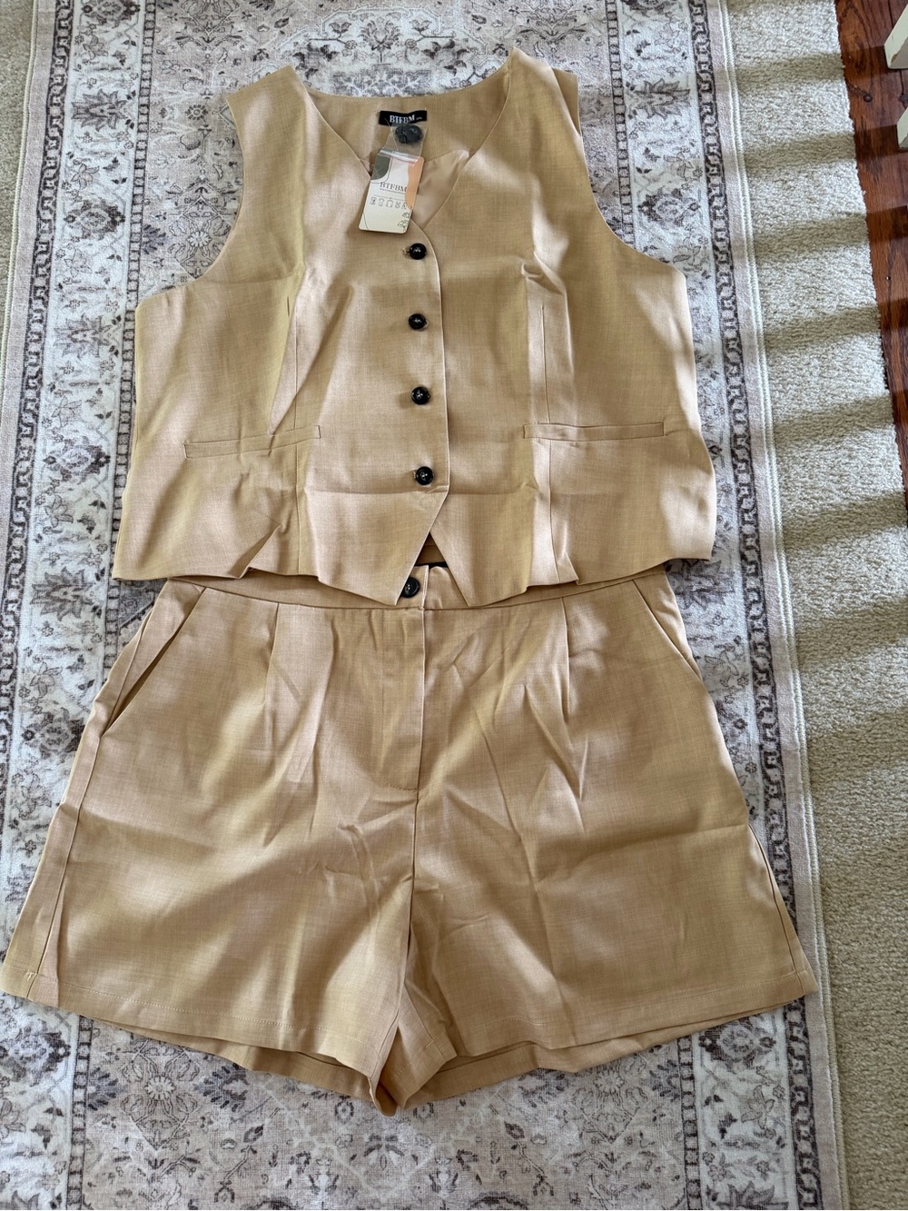 Sleeveless Button Vest & Tailored Shorts Set in Camel